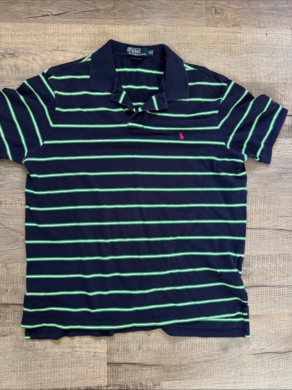 Polo by Ralph Lauren Navy Polo with Green Stripes and Pink Logo